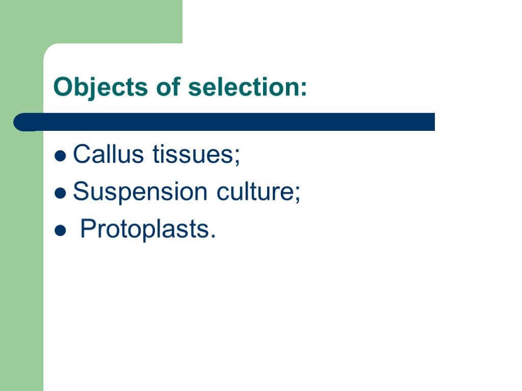 Objects of selection: Callus tissues; Suspension culture; Protoplasts.
